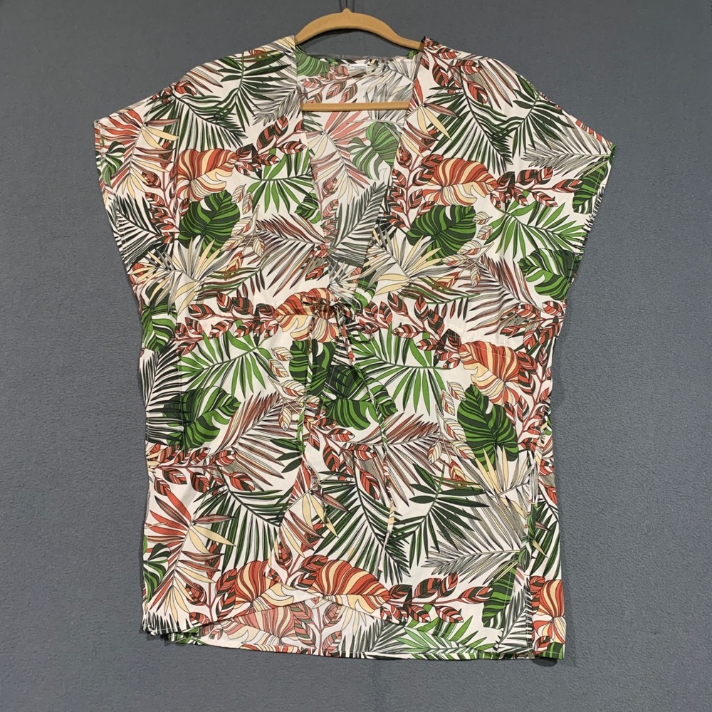 Tropical Palm Leaf Print V-Neck Tie Front Tunic Top Cover Up Green Orange L-XL